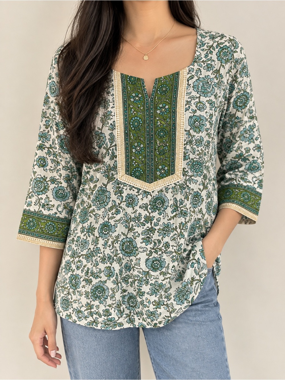 Green Floral Cotton Tunic Top